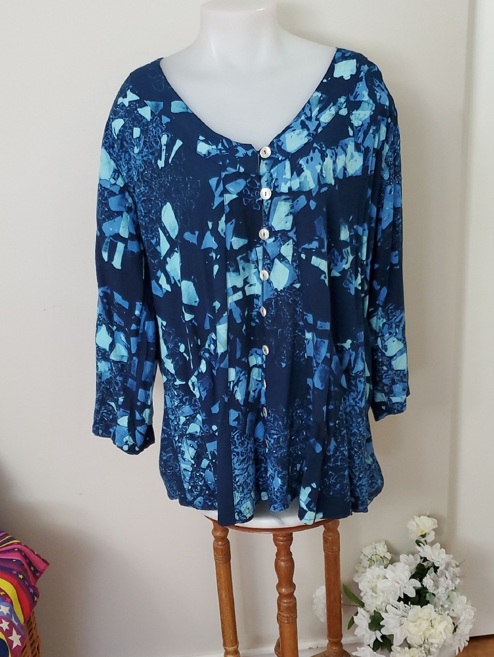 Blue Sky Navy and Aqua Abstract Button-Down Top